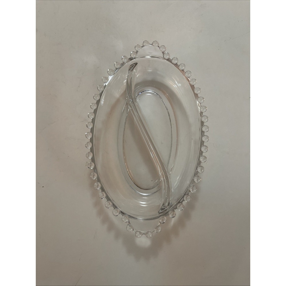 Vintage Imperial Glass CANDLEWICK Clear Oval Beaded Divided Dish Bowl MCM‎ Party